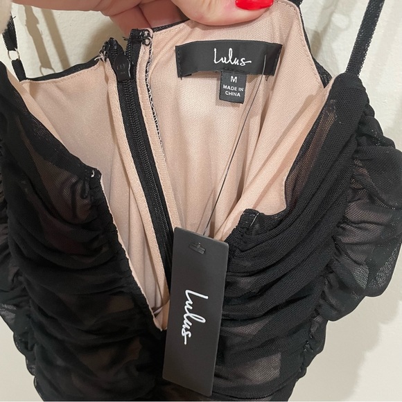 LuLus Dress - Here and Wow Black and Beige Ruched Bodycon Mini Dress Size M - Picture 8 of 9